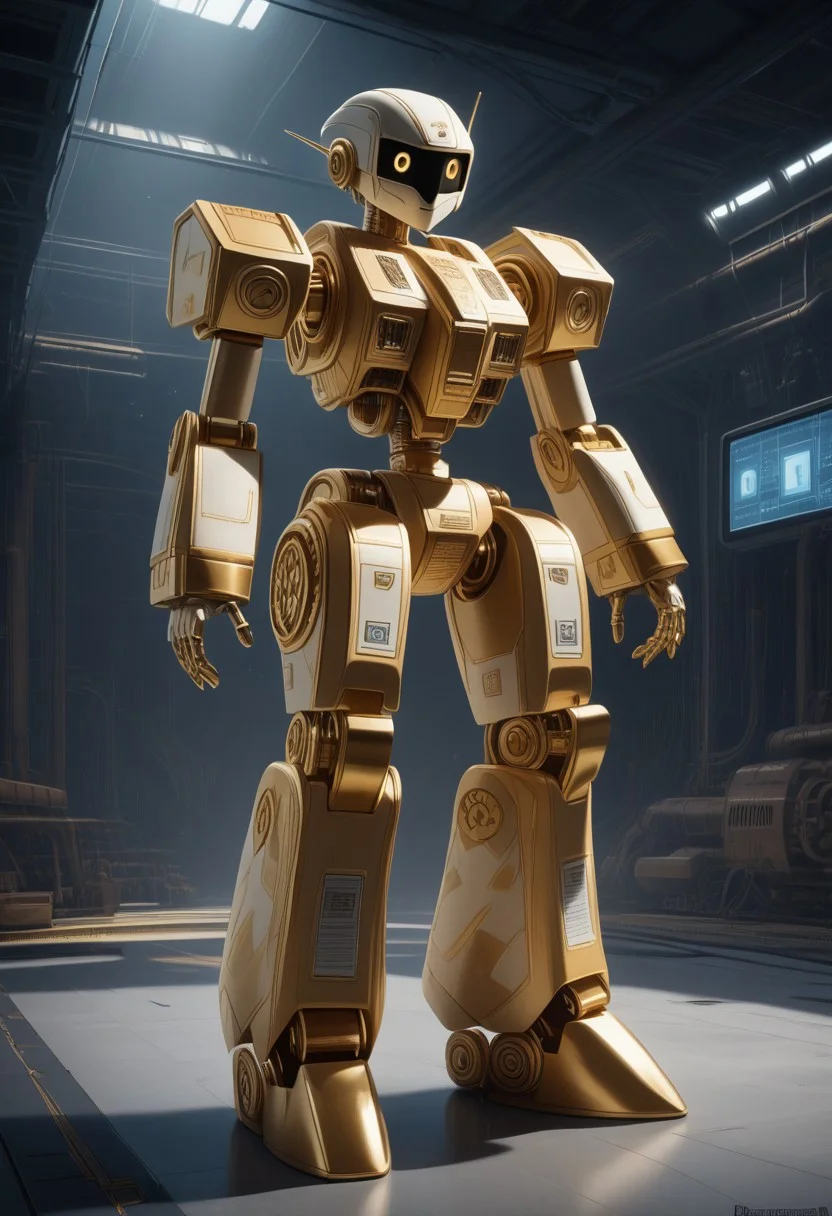 A futuristic world where robots and machines are painted in hues of gold, with gold serving as exterior cladding. full body of Robot, The technology could be sleek, modern, and slightly quirky, with the orange giving it a pop of energy and excitement, pmg style, cute kawaii robot