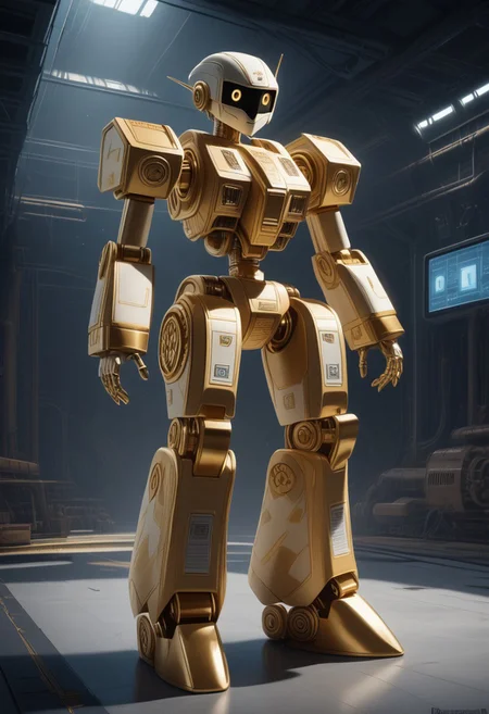 A futuristic world where robots and machines are painted in hues of gold, with gold serving as exterior cladding. full body of Robot, The technology could be sleek, modern, and slightly quirky, with the orange giving it a pop of energy and excitement, pmg style, cute kawaii robot