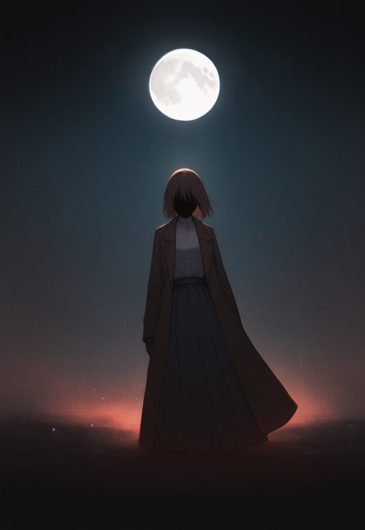 solo, ethereal, ultra-detailed, cinematic lighting, halfturned, particles, mesmerizing, fullbody,  horror, 


rain, moon, moonlight

no face, fully shadowed face, 


1girl,  short brown hair, grey blouse, dark long skirt, brown serif coat,

(748cmstyle:1.3), 

masterpiece,best quality,amazing quality, detailed, 
