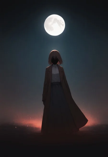solo, ethereal, ultra-detailed, cinematic lighting, halfturned, particles, mesmerizing, fullbody,  horror, 


rain, moon, moonlight

no face, fully shadowed face, 


1girl,  short brown hair, grey blouse, dark long skirt, brown serif coat,

(748cmstyle:1.3), 

masterpiece,best quality,amazing quality, detailed, 
