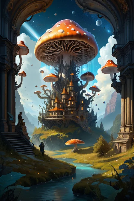 celestial mushroom forest under starry sky ,shadowed libraries where living grimoires whisper forbidden knowledge, shelves stretching into interdimensional voids guarded by ink elementals, river midday,weather cold in the rain cinematic view, epic sky, detailed, concept art, medium angle, high detail, warm lighting, volumetric, godrays, vivid, beautiful, trending on artstation, by Ian McQue, huge scene, grass, art greg rutkowski,
<lora:detailed_notrigger:0.7>, <lora:add-detail-xl:0.3>, oil painting art style from Renaissance period, masterful composition, Renaissance mood, renaissance oil painting, brush strokes, Baroque art style, dynamic composition, dramatic lighting, rich colors, intricate details, professional-grade execution, captures the grandeur and theatricality of the Baroque period