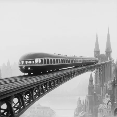 <lora:10s_Retro_Future_MovieSDXL:1> ArsMovieStill, movie still from a 1910s retro future movie, The image shows a black and white photo of a train traveling over a bridge with a few people inside the train. In the background there are a few buildings visible., monochrome, no humans, greyscale, scenery, building, city, bridge, outdoors, tower, cityscape