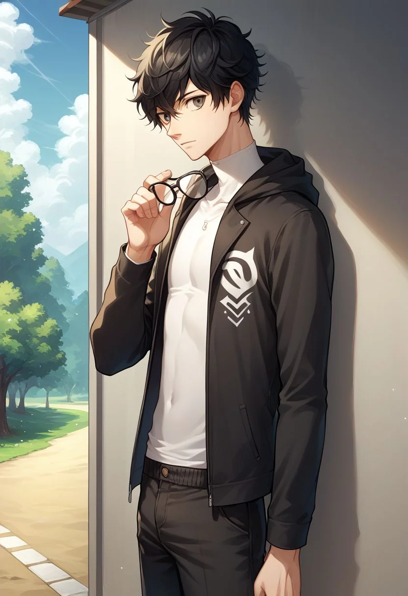 score_9, score_8_up, source_anime, highly detailed, 1boy, solo, male_focus, slender, skinny,
ren, male focus, 1boy, holding eyewear, black hair, solo, eyewear removed, pants, upper body, hoodie, jacket,
outside,