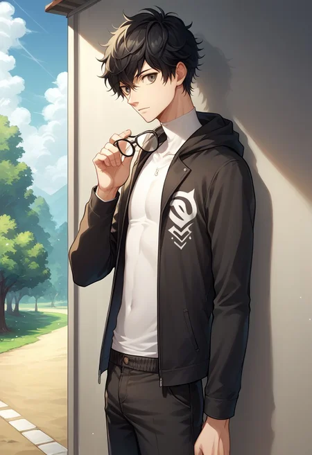 score_9, score_8_up, source_anime, highly detailed, 1boy, solo, male_focus, slender, skinny,
ren, male focus, 1boy, holding eyewear, black hair, solo, eyewear removed, pants, upper body, hoodie, jacket,
outside,