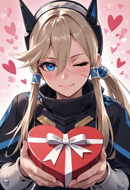 score_4,score_5,score_6,score_7_up,score_8_up,score_9 ((masterpiece,best quality,ultra detailed,highres,HD,4k:1.2)),
1girl, solo,solo focus,girl focus,face focus,
Blade(No Mask),1 girl, solo, blond hair,long hair, low ponytail, blue eyes, sharp eyes, slanted eyes, hair tube, hair between eyes,facial scar, bangs, headgear,
pov,from the front, front view, front angle,
Happy Valentine's Day, Valentine's chocolate, holding wrapped chocolate,
heart background,
blush,((wink:1.1)), smile, happy, shy,closed mouth,