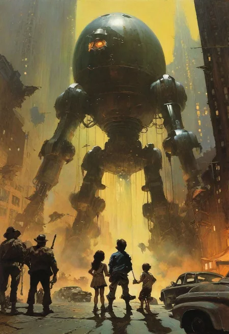 Children looking up at a huge, grotesque robot resembling the shape of a jellyfish in the middle of a big city, holding weapons and attacking the robot, descriptions of agitation from their feet, no adults present, expressions of awe, Frank Frazetta's style, --ar 16:9