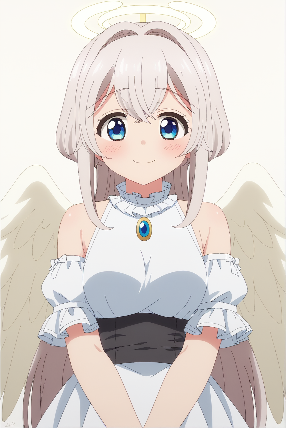 <lora:Towa:0.8>, Towa, angel wings, white background, smile