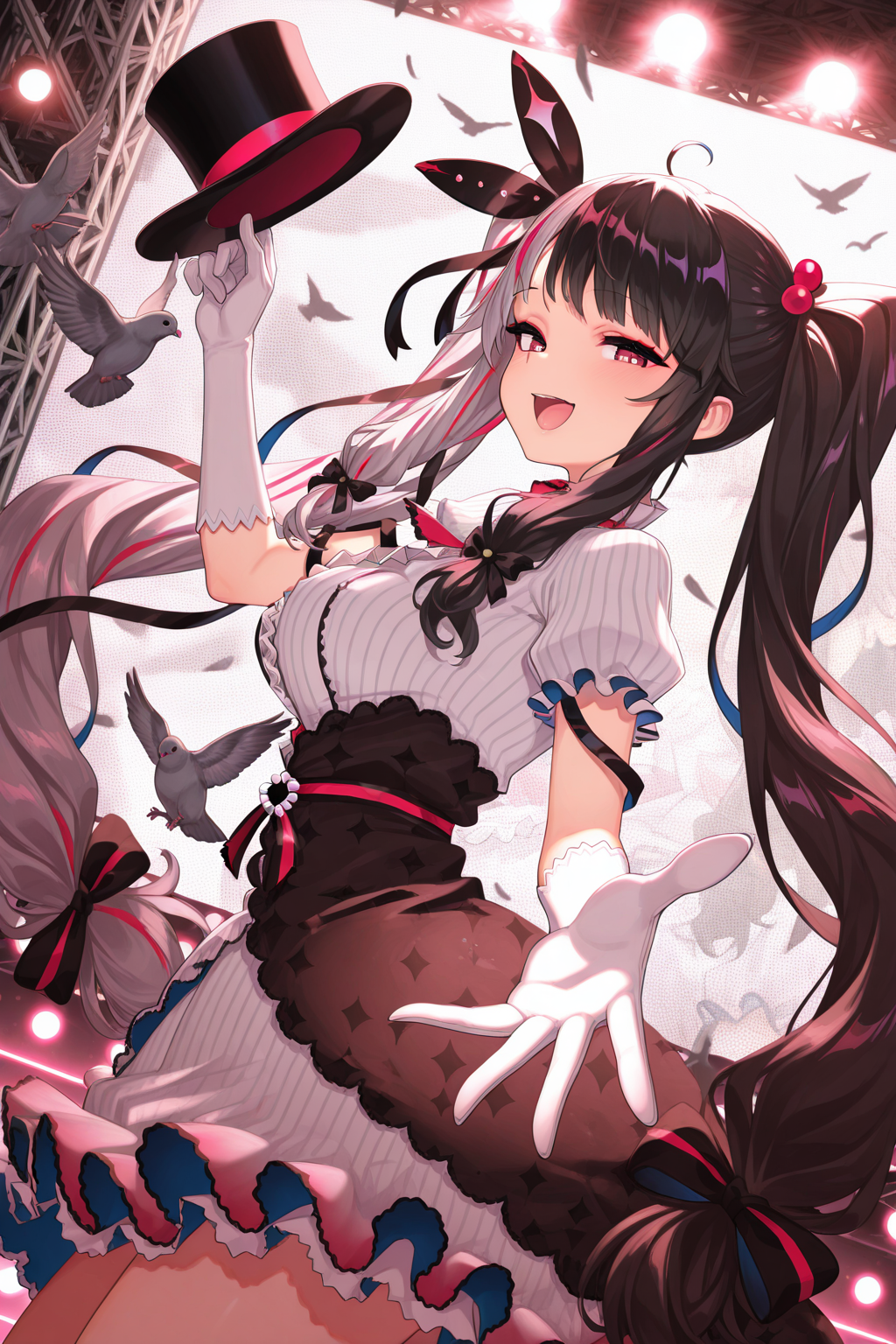 1girl, YorumiRenaNijisanji, 
solo, dynamic angle, from side,
twintails,
\:d, looking at viewer,
reaching towards viewer, holding hat, top hat,
breasts,
birds, pigeon,
stage, spot lighting,
<lora:kp_YorumiRenaNijisanji1stCostumeIllustrious_v1_0:1.0>,
masterpiece, best quality, amazing quality