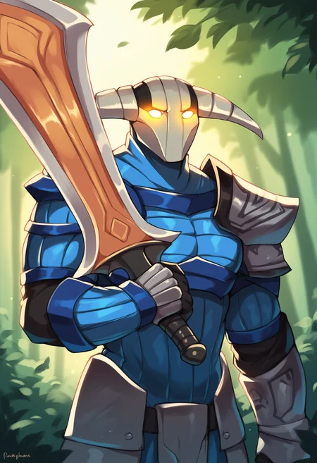score_9, score_8_up, score_7_up, score_6_up, score_5_up, score_4_up, BREAK, 1boy, svenpdxl, mask, male, armor, shoulder armor, gloves, sword, holding sword, upper body, glowing eyes, forest, <lora:SvenTheRogueKnight:0.8> <lora:PersonalAmi_PonyXL:1>