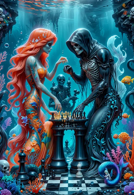 (art monochrome, digital art oil painting, ink, charcoal, double exposure) A ghostly grim reaper and a young mermaid engaged in a chess match on a coral chessboard. Intricate details of the underwater flora and fauna, with dynamic lighting filtering through the water's surface. (Use Dream Diffusion Secret Prompt) <lora:luxart:0.9> <lora:ral-realpride-sdxl:0.888> ral-realpride <lora:detailed_notrigger:0.8> <lora:DetailedEyes_V3:0.6>