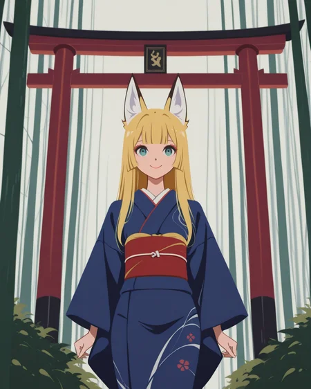 masterpiece,best quality,higres illustration,detailed face,1girl,<lora:minimaltoon_IL:1>,minimalism,smile,cowboy shot,blunt bangs,long hair,blonde hair,kimono,fox girl,fox ears,torii,forest,