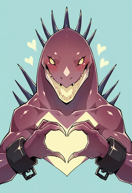 score_9, score_8_up, score_7_up, score_6_up, score_5_up, score_4_up, 1girl, <lora:Acrid:0.7> solo, monster, no humans, claws, multi eyes, four eyes, yellow eyes, glowing, no pupil, teeth, spikes, cuffs, looking at viewer, blush, upper body, from front, heart hands, open mouth,
light blue background, simple background,