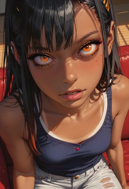 masterpiece, best quality,1girl, (score_9, score_8_up:1.1), score_7_up,Nagatoro Hayase, (amber maroon brown eyes:1.7),blushing, (black hair:1.7), long hair, dark skin, dark skinned female, tan, tanlines, hairclip, pensive, small flat breasts, fit, sleeveless shirt, short denim jeans,fringe,
perspective, living room, sitting on a couch, front view, parted lips, from above, face closeup,perfect anatomy,very aesthetic,(perfect face, detailed face), <lora:NagatoroLora:1>, <lora:Sinozick_Style_XL_Pony:1>