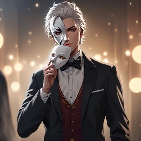 In 1870 Masked Phantom a man in a tuxedo holding a mask, dramatic light, cinematic style, The Phantom of the Opera style, solo, looking at viewer, white hair, 1boy, holding, bow, upper body, male focus, bowtie, mask, formal, suit, realistic, holding mask, photorealistic, shallow depth of field, vignette, highly detailed, , bokeh, cinemascope, moody, epic, gorgeous, film grain, grainy,astarion,