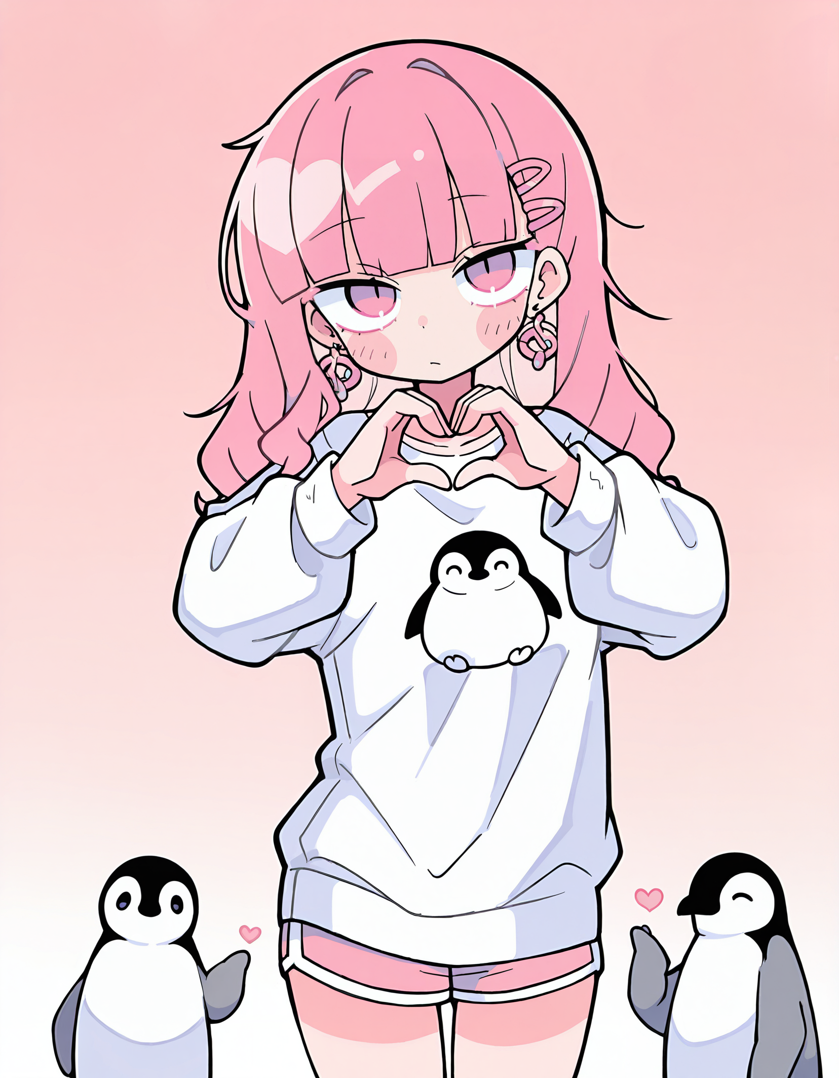 masterpiece,  best quality, newest, highres, absurdres,  <lora:terad4_style:1>, terad4_illu, 1girl, heart hands, heart, penguin, jewelry, shorts, earrings, long sleeves,finger heart,  bird, hair ornament, shirt, bangs, gradient, hairclip, looking at viewer, cowboy shot, gradient background, white shirt, blunt bangs, pink hair