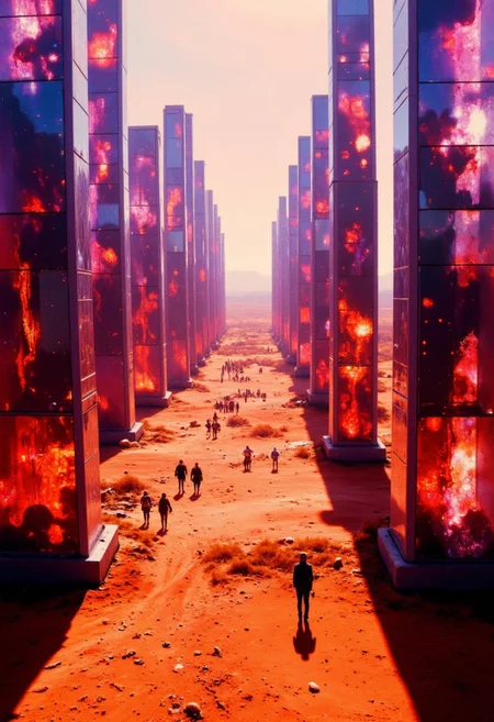 artilands02, v8s, A bird's-eye perspective captures an infinite array of crystalline towers rising from earth to cosmos, their translucent layers creating a hypnotic pattern across the desert landscape. Each structure consists of stacked geometric glass segments in progressive colors - deep violet through cosmic red. Dramatic shadows stretch across the orange sand, while light refracts through the glass forest creating interconnected rainbow projections. The towers recede toward the horizon in perfect perspective. Aerial architectural photography with emphasis on geometric patterns and light interaction.