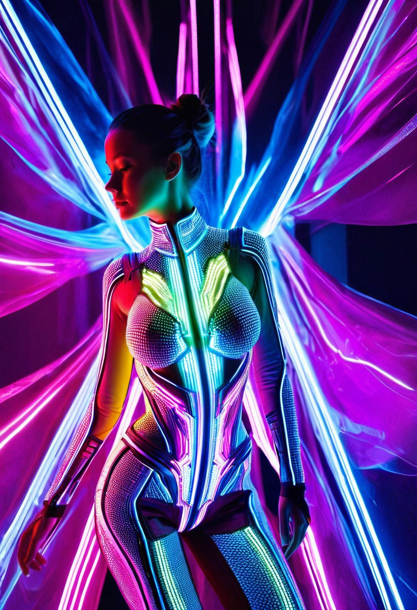 A hyper-realistic depiction of a lone girl, focusing on her upper body, adorned in an LED-inspired outfit that shimmers with a mesmerizing array of colors. The ensemble is intricately detailed, with circuits and microchips visible under a translucent, neon-lit fabric. Soft, ethereal lighting accentuates the subject's serene expression, set against a dark, gradient background that transitions from deep blues to purples, evoking a sense of futuristic elegance. The camera captures her from a slightly elevated angle, emphasizing the innovative, high-tech fashion that encapsulates her form, reminiscent of a digital painting with ultra-detailed textures and a vibrant, cyberpunk aesthetic.