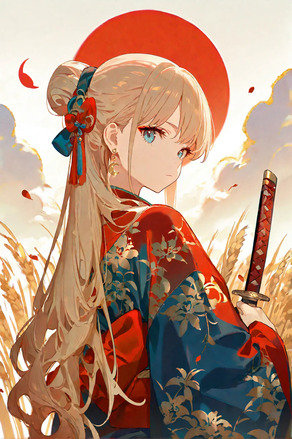 (masterpiece:1.1),best quality,Good quality,very aesthetic,(absurdres:1.1),(newest:1.1),1girl,solo,long_hair,blue_eyes,long_sleeves,bow,closed_mouth,jewelry,very_long_hair,earrings,cloud,wide_sleeves,hair_bun,from_side,parted_bangs,petals,chinese_clothes,floral_print,moon,crescent,full_moon,red_moon,crescent_earrings,crescent_facial_mark,<lora:ponyv4_noob1_2_adamW-000017:0.7>,blonde hair,wheat field,lycoris on clothes,makeup,fair_skin,kimono,<lora:USNR STYLE_XL_loha:1>,katana,HDR,looking_back,upper_body,