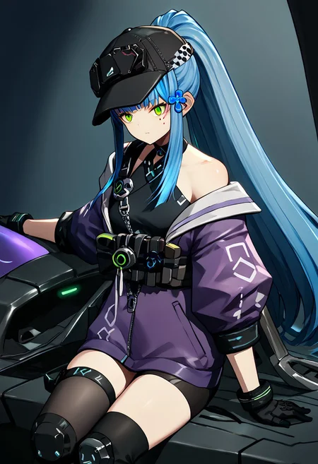 score_9, score_8_up, score_7_up, score_6_up, score_5_up, score_4_up, source_anime, solo, 1girl, 
blue hair,long hair,ponytail,bangs,hair ornament,green eyes,facial mark, 
416_def,hat,choker,[purple jacket],multicolored jacket,bare shoulders,knee pads,black thighhighs,zettai ryouiki,thigh strap,black gloves,[black shirt], 
masterpiece, best quality, very aesthetic, absurdres,