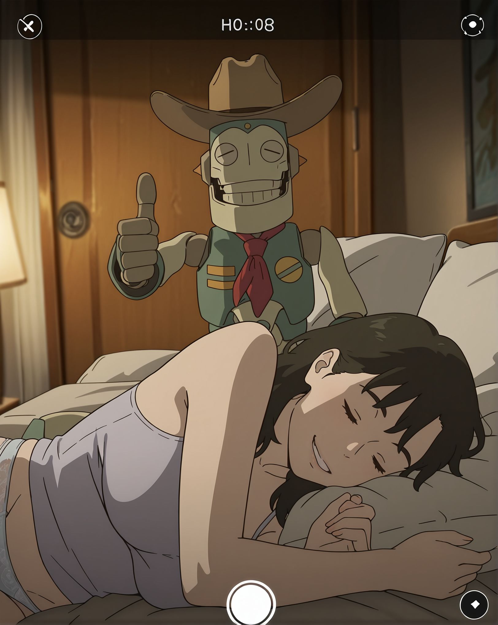 masterpiece,best quality,amazing quality,very aesthetic,absurdres,newest, huge filesize,
<lora:spo_sdxl_10ep_4k-data_lora_webui:0.5>,anime screenshot, 
<lora:add-detail-xl:1>
<lora:Robot_on_the_Road__mina__robot-000013:1> thumbs up,  evil grin, 
Robot on the Road,
1girl,r_mina,1boy,
sleeping,pillow,
on side,underwear,
panties,bed,black hair,closed eyes,
lying,
r_robot,
hat,
selfie,