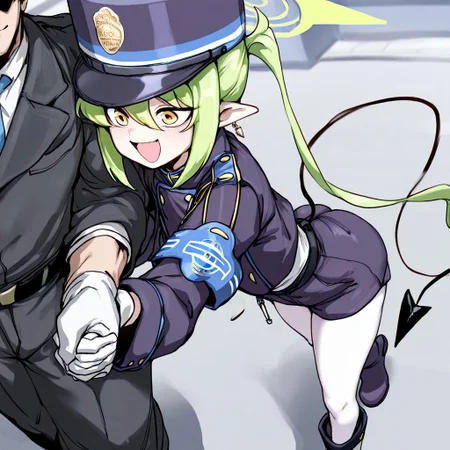 masterpiece, best quality,
 <lora:doppel:1> d0pp3l,, best quality,masterpiece, nozomi-default,nozomi_\(blue archive\),yellow eyes, green hair,twintails,long hair, pointy ears,halo,tail,black jacket,long sleeves,white shirt,black shorts,arm band,white pantyhose,white gloves,boots,peaked cap ass, bubble butt, round butt, 1 girl, solo, excited face,  open mouth, smiling, point at something
1 male, well-built, tall male, unseen face, short hair male, black hair male, side-view, closed mouth, walking together, ((front view angle)), holding hands, family-friendly relationship