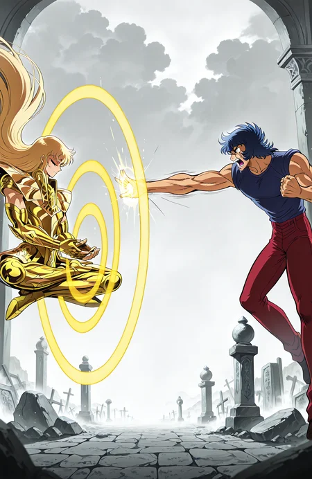 very awa, best quality, masterpiece, highres,
outdoors, fog, volumetric lighting, stone columns,
overcast, morning, dim lighting,
[(cemetery:0.6)::0.5],
white theme,
2boys,
midair,
from side, profile,
BREAK
glowing outline,
from side, profile,
ss_shaka, virgo armor, gold armor,
toned male,
(meditation),
(midair:1.2),
floating, levitation,
indian style, dhyana mudra, mudra,
very long hair, blonde hair,
[palms together],
closed eyes, closed mouth, calm,
<lora:[Char - IL] Saint Seiya - Shaka (R1E11):0.9>
BREAK
from side, profile,
IKKIPLA, mature male,
sleeveless blue shirt, red pants,
male focus, long sideburns, scar on face,
toned male, blue hair,
leaning forward, 
punching, punch, clenched hand,
outstretched arm, arm up,
open mouth, screaming, angry,
leaning forward, speed lines, emphasis lines,
<lora:[Char - IL] Saint Seiya - Phoenix Ikki [Plain Clothes]:0.9>
BREAK
barrier, energy barrier, partial barrier, full body barrier,
<lora:[Concept - IL] Barrier:0.8>