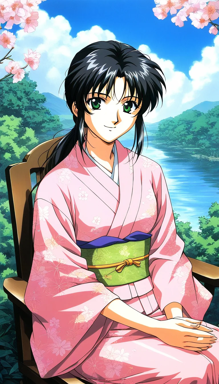 score_9, score_8_up, score_7_up, source_anime, rating_explicit, BREAK <lora:Tachibana_Yumi_XL:1> Tachibana_Yumi, black hair, long hair, green eyes, low ponytail, bangs, sidelocks, 1990s (style),
japanese clothes, kimono, 1girl, sitting, smile, looking at viewer, sash, 1990s (style),
obi, solo, solo focus, chair, pink kimono, floral print, own hands together, long sleeves,
day, sky, outdoor,