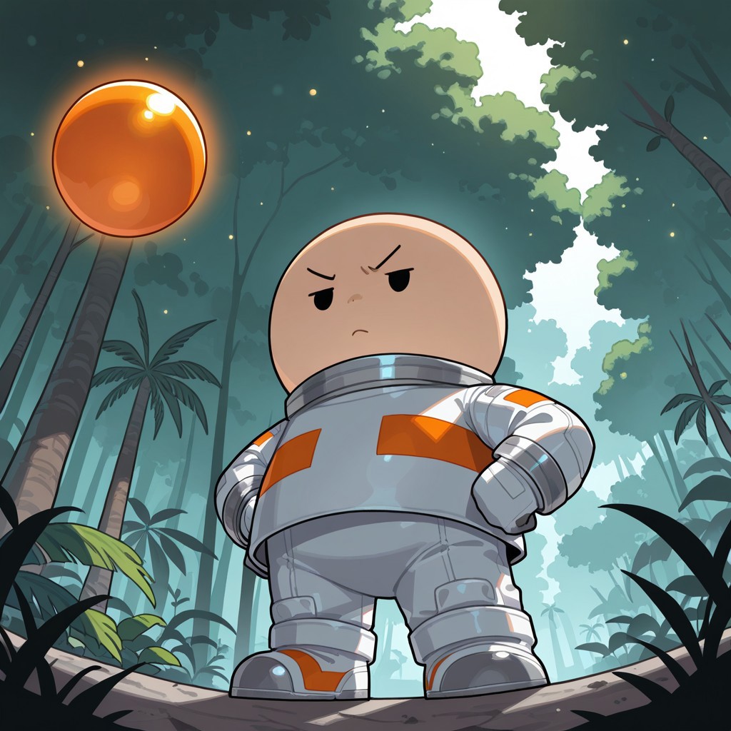 masterpiece, best quality, perfect quality, very awa, absurd res, newest, absolutely eye-catching, solo, 1boy, Opoona, Spacesuit, black eyes, dot eyes, chibi, orange floating ball, bald, determined look, hands on hips, low angle view, futuristic jungle