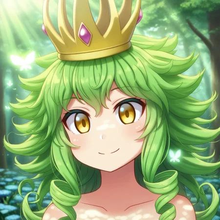 mana_sk style, portrait, focus on face, a whimsical forest sprite girl with short, curly mint-green hair and glowing yellow eyes, wearing a crown of flowers and moss, a playful smirk as tiny fireflies dance around her, dappled sunlight filtering through the trees, Japanese RPG style, magical and lively atmosphere, intricate details on her crown and the fireflies