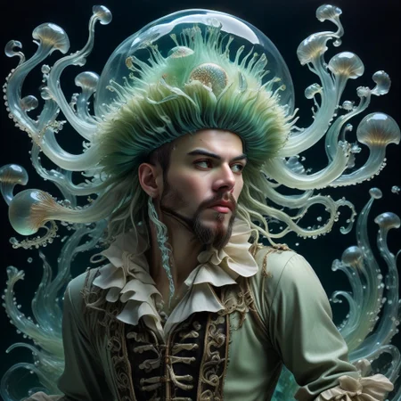 long mid shot portrait photography of an ethereal young pirate man, fairytale aesthetic. light green sheme, Photorealistic, intricate details, realism, sfw, ultrasharp, photography, floating, water, under water, jellyfish, haute couture, tentacles, bioluminescence