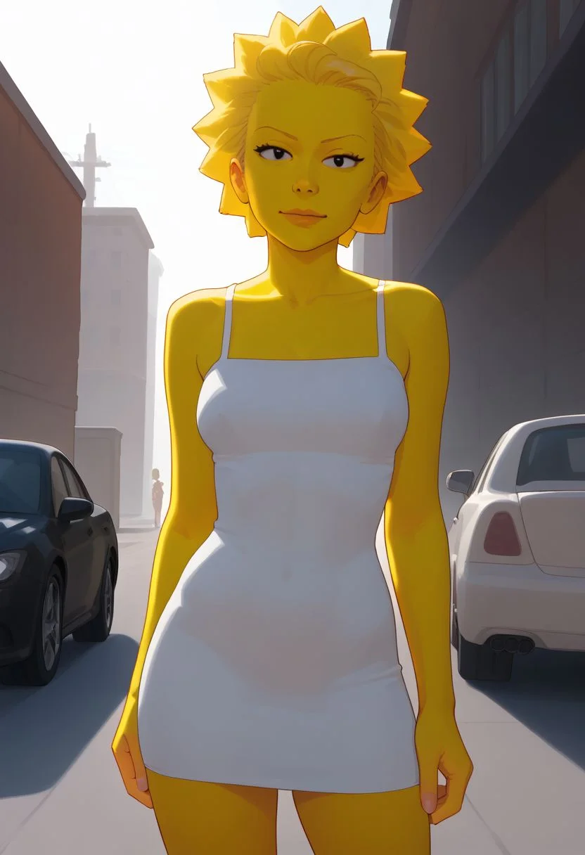 score_9, score_8_up, score_7_up, ((cinematic lighting)), sinnerart , 1girl, (Li_sa, Lisa Simpson), short spiky blonde hair, black eyes, (yellow colored skin), cute 18-year-old, casual dress