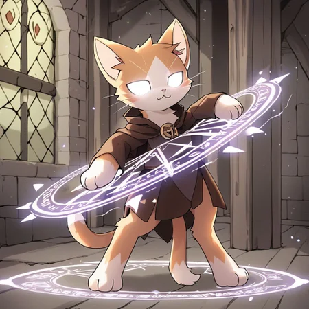 Male Bipedal Cat Witch. The Cat wears mage clothes and has glowing white eyes. The cat is inside a dungeon and is casting powerful spells. The cat's clothes are a bit battleworn, to the point of deteriorating. Masterpiece, Best Quality, Magic Circle,