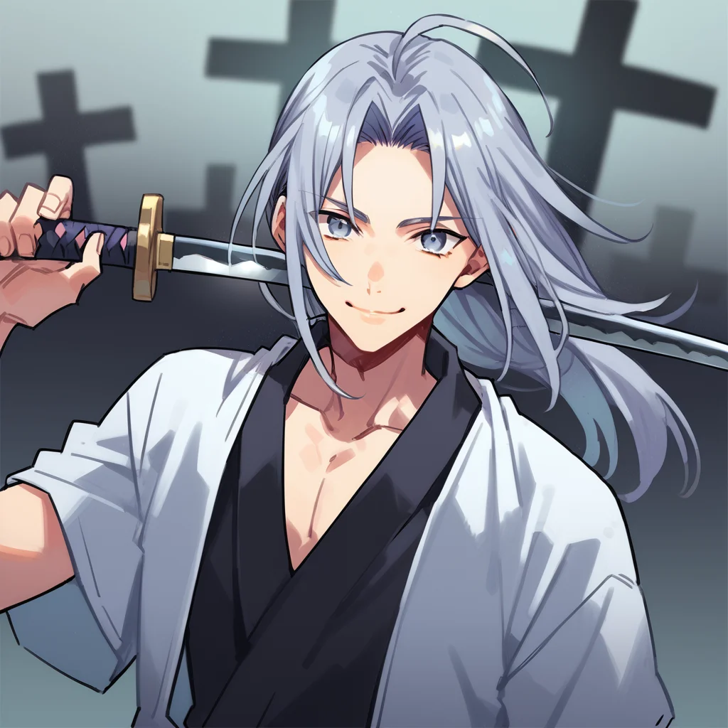 shin natsume, tenjo tenge, ah1, 1boy, long hair, gray hair, parted bangs, score_9, score_8_up, score_7_up, score_6_up, source_anime, white shirt,<lora:Shin_Natsume_from_Tenjo_Tenge:0.8>, (Posing with a wicked-looking sword, ready for action), (A foggy graveyard with eerie gravestones and moss-covered tombstones), grey eyes, smiling,