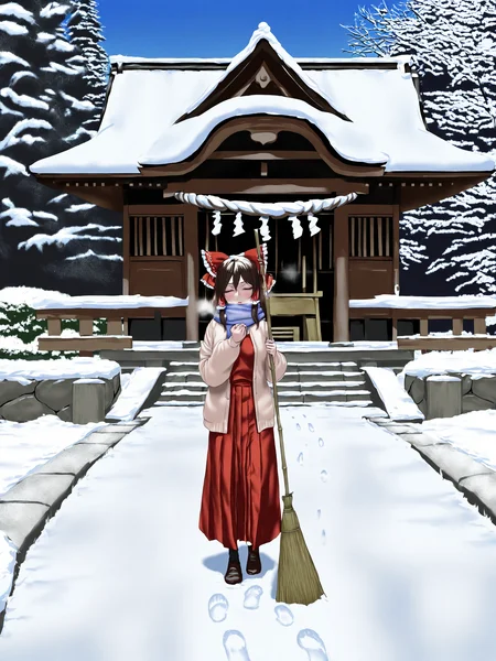 masterpiece, best quality, newest, absurdres, very aesthetic, realism, detailed background, vivid colors,
1girl, solo, hakurei reimu, standing, holding broom, temple, toori, stone_stairs, winter, , hakurei shrine, snow, path, scarf, open cardigan, footprints, breath,
<lora:tomioka_sena-000010:0.7>, tomiokasena,