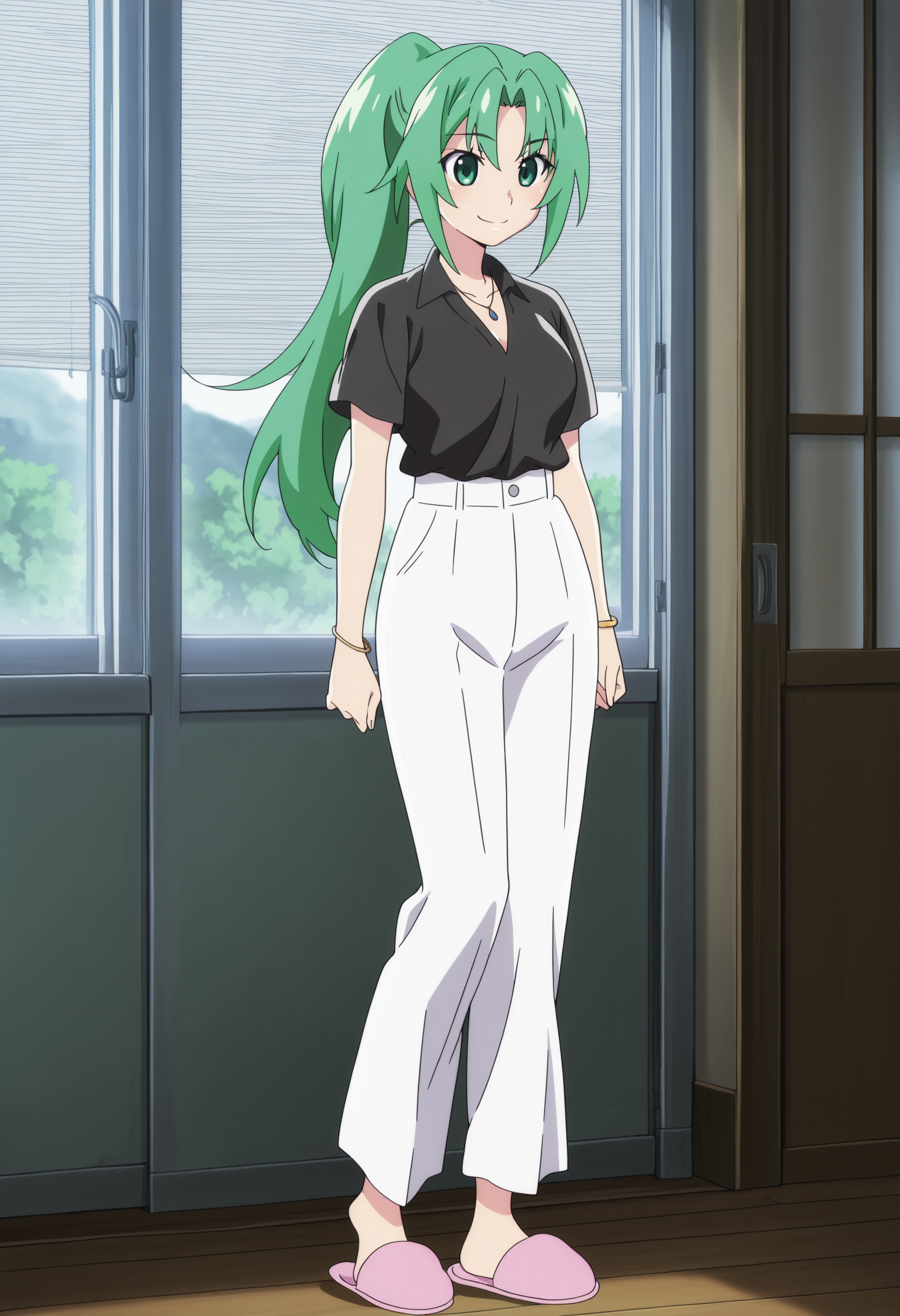 anime screencap, anime coloring, detailed face, perfect fingers, masterpiece, best quality, very aesthetic, absurdres, volumetric lighting,
 <lora:Mion_Sonozaki_Higurashi_When_They_Cry_-_Gou_and_Sotsu:1>
outside,
Mion college apperance, Mion Sonozaki (character), sonozaki mion, 1girl, solo, green hair, white pants, pants, black shirt,  jewelry, long hair, green eyes, slippers, ponytail, necklace, indoors, full body, happy girl, smile