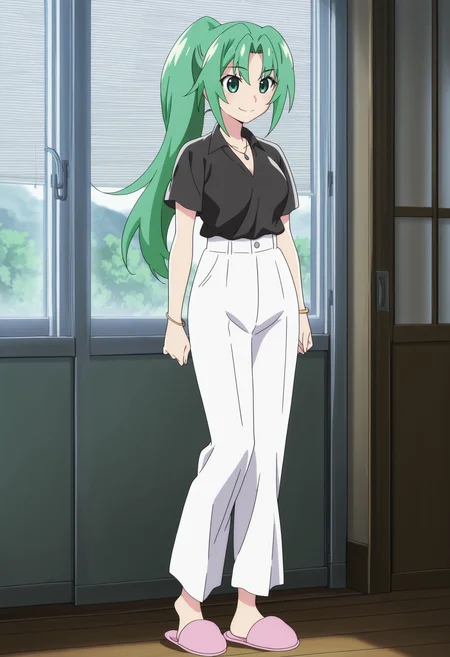 anime screencap, anime coloring, detailed face, perfect fingers, masterpiece, best quality, very aesthetic, absurdres, volumetric lighting,
 <lora:Mion_Sonozaki_Higurashi_When_They_Cry_-_Gou_and_Sotsu:1>
outside,
Mion college apperance, Mion Sonozaki (character), sonozaki mion, 1girl, solo, green hair, white pants, pants, black shirt,  jewelry, long hair, green eyes, slippers, ponytail, necklace, indoors, full body, happy girl, smile