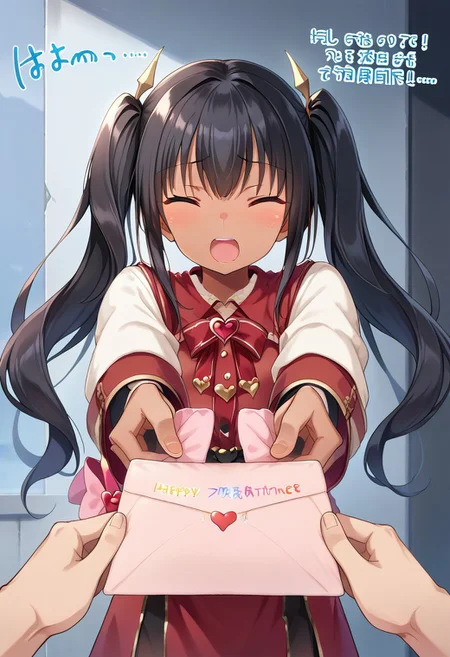 score_9, haphut, dark skin, red eyes, black hair, twintails, <lora:love-letter-ponyxl-lora-nochekaiser:1>, love letter, heart, valentine, letter, confession, incoming gift, outstretched arms, closed eyes, shouting, source_anime, ntm,