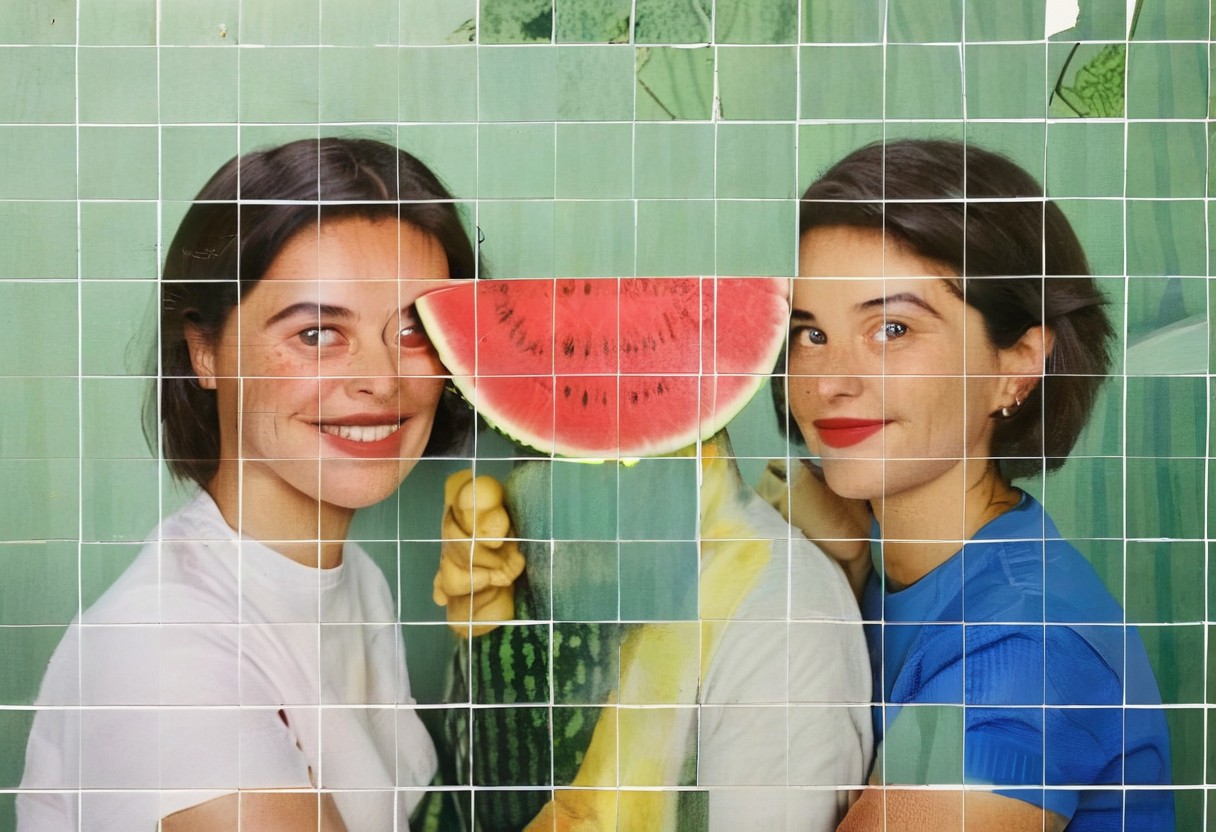 A closeup photo, of pretentious male and female Artists,  in a messy artist painting studio, staring into camera, behind them are abstracted watermelon paintings, Leica M3, depth of field, dramatic lighting, complex shadows, golden hour, expired film, in the style of nan goldin, film grain, poor quality,