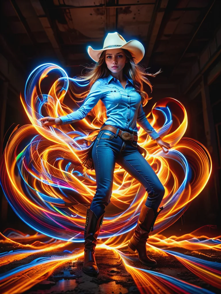 ral-exposure, masterpiece, best quality, light painting, (long exposure:1.2), dynamic streaks, luminous trails, vibrant colors, fluid movement, captivating patterns, creative experimentation,(1girl:1.2),(cowboy shot:1.2) <lora:ral-exposure-sdxl:1>