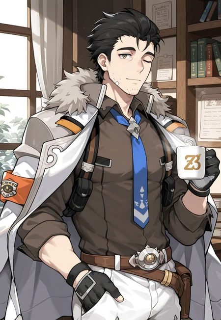 masterpiece, best quality, newest, extreme detail description, amazing quality, 1boy, solo, z3kh3l_wf, brown eyes, black hair, stubble, fur-trimmed coat, coat on shoulders, collared shirt, brown shirt, blue necktie, partially fingerless gloves, white pants, belt, close-up:1.2, holding coffee mug, winking, light smile, hand in pocket, office background, light filtering through the window, curtains, bookshelf