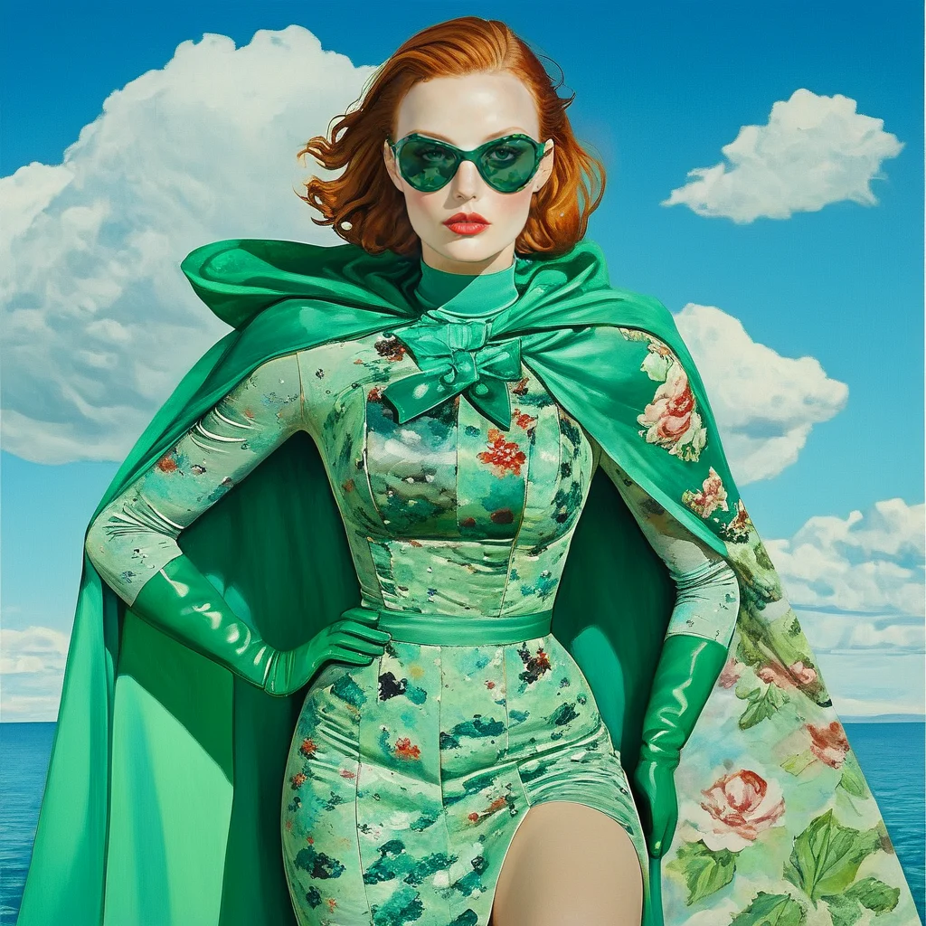 <lora:Aquamarine_PinupSDXL:1> 1girl, solo, gloves, cloud, cape, sunglasses, dress, sky, day, lipstick, The image is a painting of a woman with red hair and green sunglasses. She is wearing a green dress with a floral pattern and a large green cape draped over her shoulders. The dress has a high neckline and long sleeves and she is also wearing green gloves. The woman is posing with one hand on her hip and the other resting on her thigh. She has a serious expression on her face and is looking directly at the viewer. The background is a blue sky with white clouds and a body of water. The overall mood of the image is dramatic and glamorous.