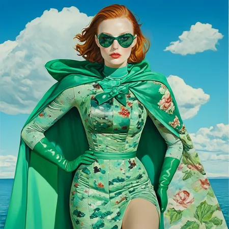 <lora:Aquamarine_PinupSDXL:1> 1girl, solo, gloves, cloud, cape, sunglasses, dress, sky, day, lipstick, The image is a painting of a woman with red hair and green sunglasses. She is wearing a green dress with a floral pattern and a large green cape draped over her shoulders. The dress has a high neckline and long sleeves and she is also wearing green gloves. The woman is posing with one hand on her hip and the other resting on her thigh. She has a serious expression on her face and is looking directly at the viewer. The background is a blue sky with white clouds and a body of water. The overall mood of the image is dramatic and glamorous.