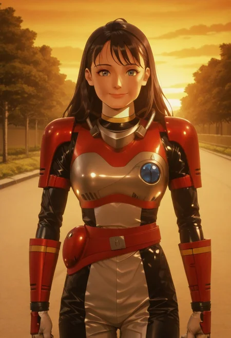 anime screencap, anime coloring,
solo, 1girl, cowboy shot , perfect face, detailed faced,
S0lje4nne, 1girl, solo, female focus, tokusatsu, helmet removed, long hair, black hair, black eyes, mouth, mask, open mask, connected pipeline, armor, shoulder armor, gloves, bodysuit, belt, red pouch, looking viewer, smile,
outdoors, road, sunset, dramatic lighting
<lora:DetailedPerfect_hands_r1> <lora:coveredneck_v1-000006>
