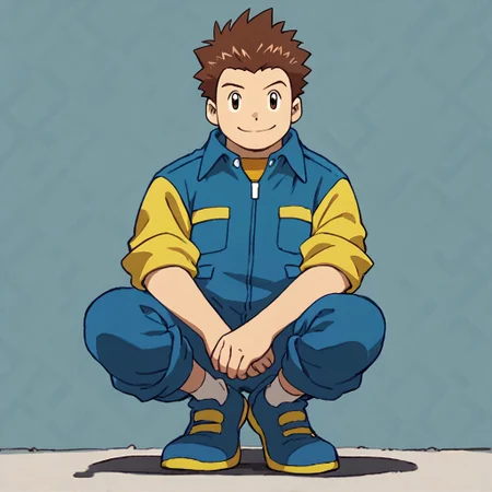 score_9, score_8_up, score_7_up BREAK JPDFr, 1boy, brown hair, brown eyes, blue jumpsuit with yellow accents, rolled-up yellow short sleeves, yellow pockets, socks, blue yellow shoes, smiling at viewer,