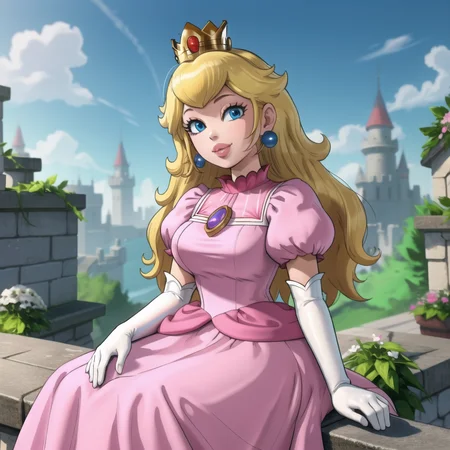 masterpiece, best quality, 4k, high res, detailed, <lora:PrincessPeach2B:0.7>, 1girl, solo, long hair, looking at viewer, smile, blue eyes, blonde hair, gloves, dress, jewelry, sitting, earrings, elbow gloves, puffy sleeves, white gloves, puffy short sleeves, lips, crown, pink dress, princess peach, detailed, raw photo, clouds, trees,