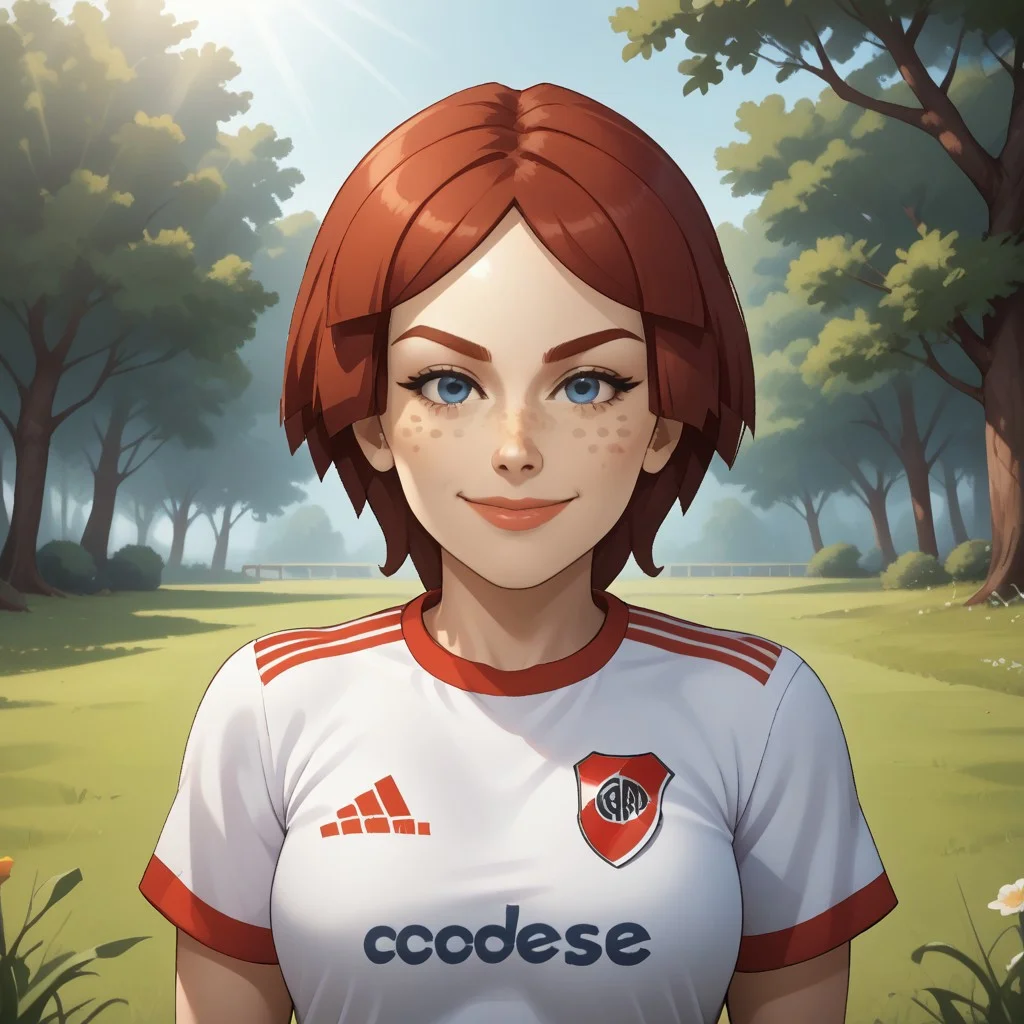 score_9, score_8, BREAK, solo, wii, mii, female mii, wii sports, 1girl, blue eyes, dark red hair, dark red eyebrows, lips, freckles, RiverPlate, striped shirt, striped, shirt, white shirt, short sleeves, clothes writing, sportswear, soccer uniform, nintendo mii, modern_mii, classic_mii, breasts, Giovanna_(Wii_Sports), adult female, mature female, sexy pose, self portrait, smile, outdoors, sunlight, shadows, evening lighting, natural lighting, forest, trees, grass, orange sky, sunset