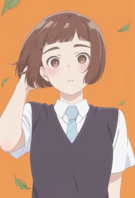 anime screencap, anime coloring,  <lora:DX888KazusaIL:1> onodera kazusa, brown eyes, thick eyebrows, brown hair, short hair, bob cut, blunt bangs, BREAK simple background,  orange background,  BREAK school uniforme, white shirt, striped necktie, skirt, sweater vest,  BREAK  1girl, blush, falling leaves, hand in own hair, leaf, parted lips, solo, upper body, wide-eyed, wind, floating hair,