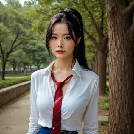 a stunning real medium breasts Korean woman with long, flowing dark hair, her piercing gaze directly addressing the viewer. score_9, score_8_up, score_7_up, 4k, high quality, (best quality:1.1), realistic, photorealistic, close-up, upper body, (ultra HD quality details), High Fashion, A highly detailed, realistic digital photo of a Korean woman 28yo with a pale complexion, emphasizing her enigmatic and mystical aura,, high resolution, rich textures, and contemplative mood. Her eyes are a deep piercing and brown, dynamic, dramatic, haute couture, elegant, ornate clothing, dark straight hair with a few loose strands framing her face, against a cyan gradient background, Realistic photograph, Movie light, film grain, necktie, skirt, ponytail, school uniform, shirt, looking at viewer, outdoors, white shirt, blue skirt, tree, cosplay, belt,
