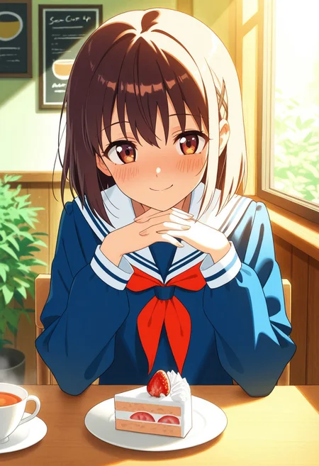 masterpiece, best quality, high quality, high details, source_anime, score_9, score_8_up, score_7_up, extremely detailed,
cheerful high school girl in uniform, sitting at cozy café table with tea and strawberry cake, smiling gently, warm sunlight through window, wooden interior, plants around, soft shadows, gentle blush, soft focus background, pastel tones, heartwarming anime style, shoulder-up view