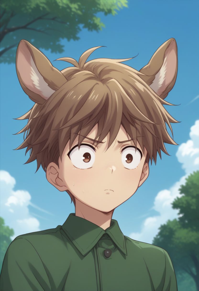 score_9, score_8_up, score_7_up, source_anime, highly detailed, 1boy, solo, male_focus, 
hiro_sohma, brown eyes, brown hair, 1boy, male focus, trees, day, sky, cloud, outdoors, confused, embarassed, animal ears, sheep ears,
